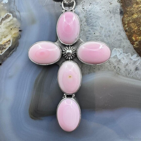 Native American Sterling Silver 5 Oval Pink Conch Cross Pendant For Women - Picture 6 of 10